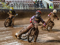 Belle Vue Colts' Sam Hagon in Red leads Sheffield Cubs' Stene Pijper in White and Sheffield Cubs' Jamie Etherington in Yellow during the WSR...