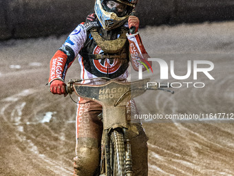 Sam Hagon acknowledges the fans after his final heat during the WSRA National Development League match between Belle Vue Colts and Sheffield...