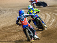 Belle Vue Colts' Harry McGurk in blue chases Sheffield Cubs' Luke Harrison in white during the WSRA National Development League match betwee...