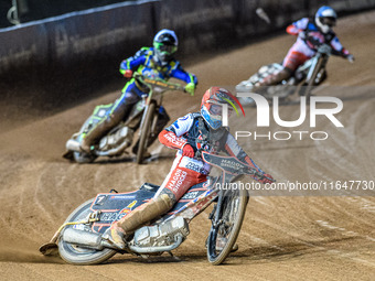 Sam Hagon of Belle Vue Colts in Red leads Luke Harrison of Sheffield Cubs in White and Chad Wirtzfeld of Belle Vue Colts in Blue during the...