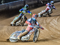 Sam Hagon of Belle Vue Colts in Red leads Luke Harrison of Sheffield Cubs in White and Chad Wirtzfeld of Belle Vue Colts in Blue during the...