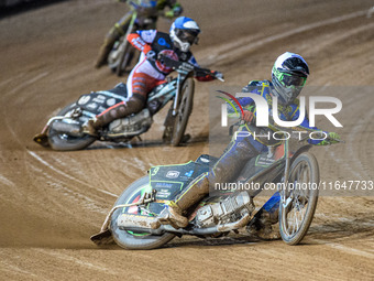 Luke Harrison of the Sheffield Cubs in white leads Chad Wirtzfeld of the Belle Vue Colts in blue during the WSRA National Development League...