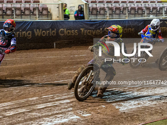 Sheffield Cubs' Ace Pijper in Yellow rides inside Belle Vue Colts' Sam Hagon in Red, with Belle Vue Colts' Harry McGurk in Blue and Sheffiel...