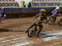 Sheffield Cubs' Ace Pijper in Yellow rides inside Belle Vue Colts' Sam Hagon in Red, with Belle Vue Colts' Harry McGurk in Blue and Sheffiel...