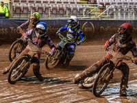 Belle Vue Colts' Freddy Hodder in Red and Belle Vue Colts' Chad Wirtzfeld in Blue lead Sheffield Cubs' Nathan Ablitt in White and Sheffield...