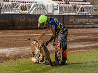 Mickie Simpson of the Sheffield Cubs checks his bike after his mechanical retirement during the WSRA National Development League match betwe...