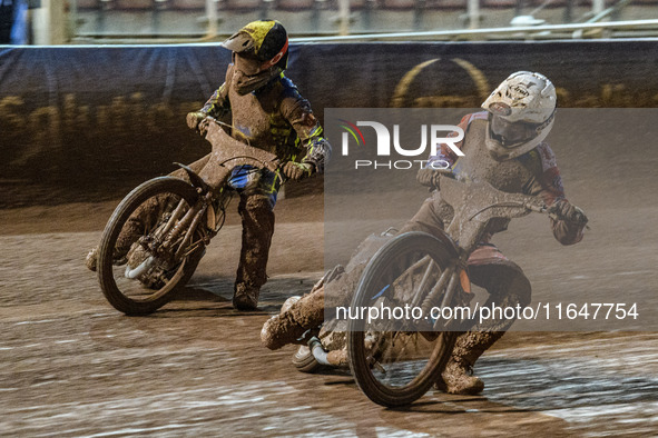 Sheffield Cubs' Stene Pijper in white rides inside Sheffield Cubs' Kean Dicken in yellow during the WSRA National Development League match b...