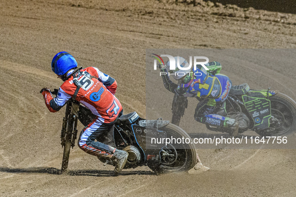 Belle Vue Colts' Freddy Hodder in blue rides inside Sheffield Cubs' Nathan Ablitt in white during the WSRA National Development League match...