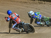 Belle Vue Colts' Freddy Hodder in blue rides inside Sheffield Cubs' Nathan Ablitt in white during the WSRA National Development League match...