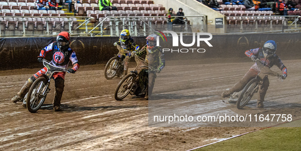 Belle Vue Colts' Matt Marson in Red leads Belle Vue Colts' Chad Wirtzfeld in Blue, Sheffield Cubs' Ace Pijper in White, and sc7\ in Yellow d...