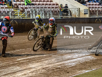 Belle Vue Colts' Matt Marson in Red leads Belle Vue Colts' Chad Wirtzfeld in Blue, Sheffield Cubs' Ace Pijper in White, and sc7\ in Yellow d...