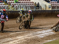 Belle Vue Colts' Matt Marson in Red leads Belle Vue Colts' Chad Wirtzfeld in Blue, Sheffield Cubs' Ace Pijper in White, and sc7\ in Yellow d...