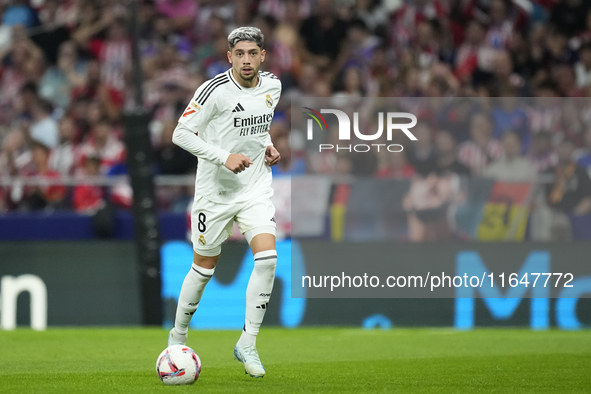 Federico Valverde central midfield of Real Madrid and Uruguay during the LaLiga match between Atletico de Madrid and Real Madrid CF  at Esta...