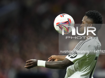 Vinicius Junior left winger of Real Madrid and Brazil controls the ball during the LaLiga match between Atletico de Madrid and Real Madrid C...