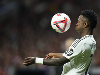 Vinicius Junior left winger of Real Madrid and Brazil controls the ball during the LaLiga match between Atletico de Madrid and Real Madrid C...