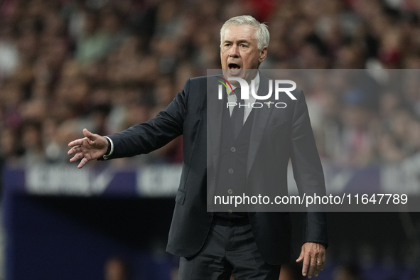 Carlo Ancelotti head coach of Real Madrid reacts during the LaLiga match between Atletico de Madrid and Real Madrid CF  at Estadio Civitas M...