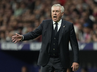 Carlo Ancelotti head coach of Real Madrid reacts during the LaLiga match between Atletico de Madrid and Real Madrid CF  at Estadio Civitas M...