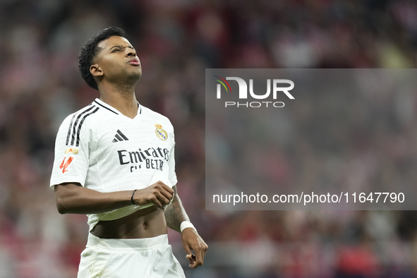 Rodrygo Goes right winger of Real Madrid and Brazil reacts during the LaLiga match between Atletico de Madrid and Real Madrid CF  at Estadio...