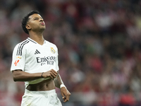 Rodrygo Goes right winger of Real Madrid and Brazil reacts during the LaLiga match between Atletico de Madrid and Real Madrid CF  at Estadio...