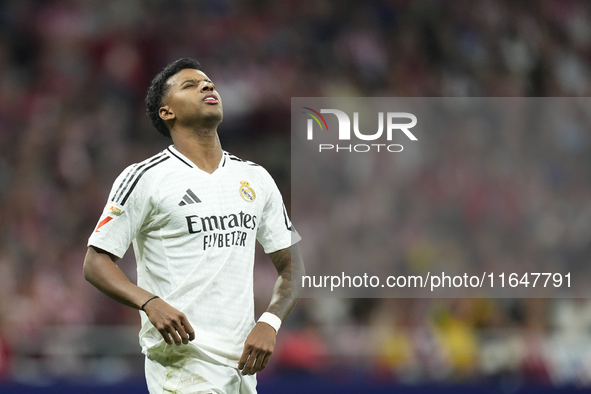 Rodrygo Goes right winger of Real Madrid and Brazil reacts during the LaLiga match between Atletico de Madrid and Real Madrid CF  at Estadio...