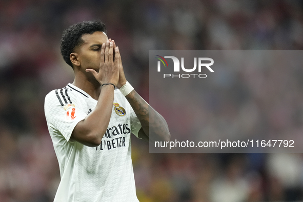 Rodrygo Goes right winger of Real Madrid and Brazil reacts during the LaLiga match between Atletico de Madrid and Real Madrid CF  at Estadio...