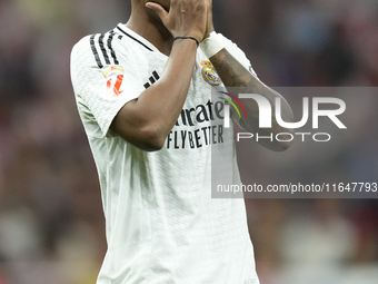 Rodrygo Goes right winger of Real Madrid and Brazil reacts during the LaLiga match between Atletico de Madrid and Real Madrid CF  at Estadio...