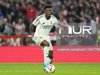 Aurelien Tchouameni defensive midfield of Real Madrid and France during the LaLiga match between Atletico de Madrid and Real Madrid CF  at E...