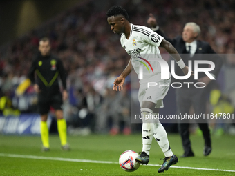 Vinicius Junior left winger of Real Madrid and Brazil controls the ball during the LaLiga match between Atletico de Madrid and Real Madrid C...