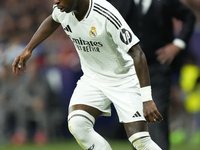 Vinicius Junior left winger of Real Madrid and Brazil controls the ball during the LaLiga match between Atletico de Madrid and Real Madrid C...