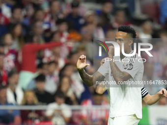 Eder Militao centre-back of Real Madrid and Brazil celebrates after scoring his sides first goal during the LaLiga match between Atletico de...