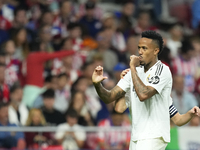 Eder Militao centre-back of Real Madrid and Brazil celebrates after scoring his sides first goal during the LaLiga match between Atletico de...