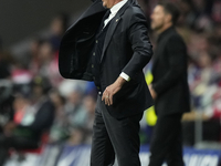 Carlo Ancelotti head coach of Real Madrid reacts during the LaLiga match between Atletico de Madrid and Real Madrid CF  at Estadio Civitas M...