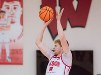 Wisconsin Badgers forward Steven Crowl #22 shoots a jumper during local media day at the Nicholas Johnson Pavilion in Madison, WI, on Octobe...