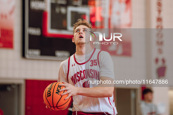 Wisconsin Badgers forward Markus Ilver #35 eyes the hoop during practice at the Nicholas Johnson Pavilion in Madison, WI, on October 7, 2024...