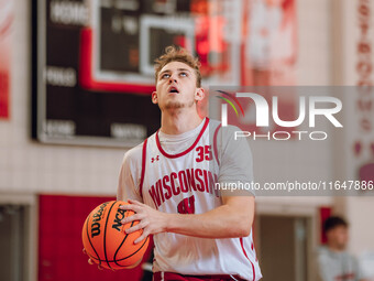 Wisconsin Badgers forward Markus Ilver #35 eyes the hoop during practice at the Nicholas Johnson Pavilion in Madison, WI, on October 7, 2024...