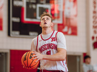 Wisconsin Badgers forward Markus Ilver #35 eyes the hoop during practice at the Nicholas Johnson Pavilion in Madison, WI, on October 7, 2024...