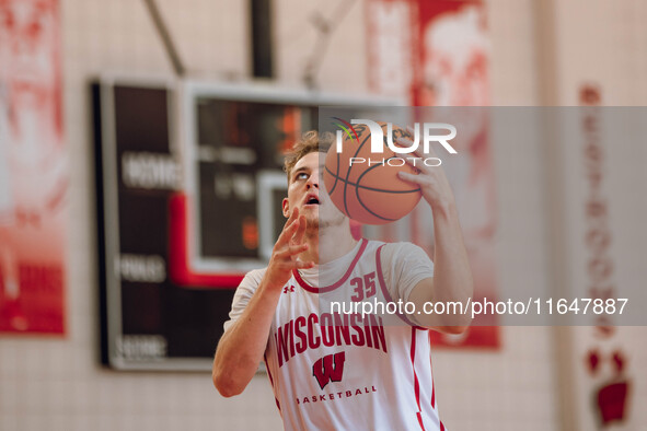 Wisconsin Badgers forward Markus Ilver #35 eyes the hoop during practice at the Nicholas Johnson Pavilion in Madison, WI, on October 7, 2024...