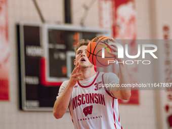 Wisconsin Badgers forward Markus Ilver #35 eyes the hoop during practice at the Nicholas Johnson Pavilion in Madison, WI, on October 7, 2024...