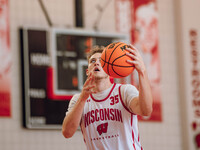 Wisconsin Badgers forward Markus Ilver #35 eyes the hoop during practice at the Nicholas Johnson Pavilion in Madison, WI, on October 7, 2024...