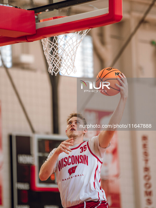 Wisconsin Badgers forward Markus Ilver #35 eyes the hoop during practice at the Nicholas Johnson Pavilion in Madison, WI, on October 7, 2024...