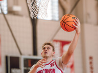 Wisconsin Badgers forward Markus Ilver #35 eyes the hoop during practice at the Nicholas Johnson Pavilion in Madison, WI, on October 7, 2024...