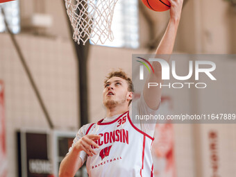 Wisconsin Badgers forward Markus Ilver #35 eyes the hoop during practice at the Nicholas Johnson Pavilion in Madison, WI, on October 7, 2024...