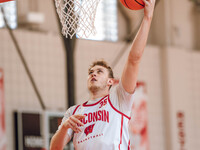 Wisconsin Badgers forward Markus Ilver #35 eyes the hoop during practice at the Nicholas Johnson Pavilion in Madison, WI, on October 7, 2024...