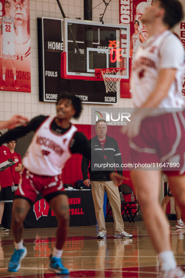 Wisconsin Badgers Head Coach Greg Gard looks on during a practice at the Nicholas Johnson Pavilion in Madison, WI, on October 7, 2024. 