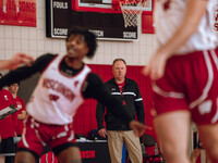 Wisconsin Badgers Head Coach Greg Gard looks on during a practice at the Nicholas Johnson Pavilion in Madison, WI, on October 7, 2024. (