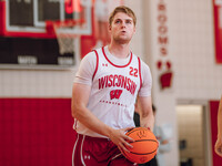 Wisconsin Badgers forward Steven Crowl #22 eyes the rim during practice at the Nicholas Johnson Pavilion in Madison, WI, on October 7, 2024....