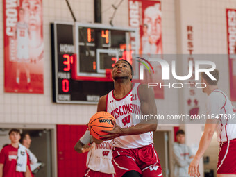 Wisconsin Badgers forward Chris Hodges #21 eyes the rim during practice at the Nicholas Johnson Pavilion in Madison, WI, on October 7, 2024....