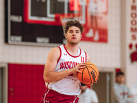 Wisconsin Badgers guard Max Klesmit #11 eyes the rim during practice at the Nicholas Johnson Pavilion in Madison, WI, on October 7, 2024. (