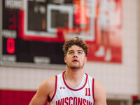 Wisconsin Badgers guard Max Klesmit #11 eyes the rim during practice at the Nicholas Johnson Pavilion in Madison, WI, on October 7, 2024. (