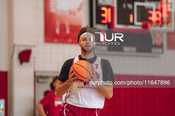 Wisconsin Badgers forward Carter Gilmore #7 goes in for a layup during practice at the Nicholas Johnson Pavilion in Madison, WI, on October...